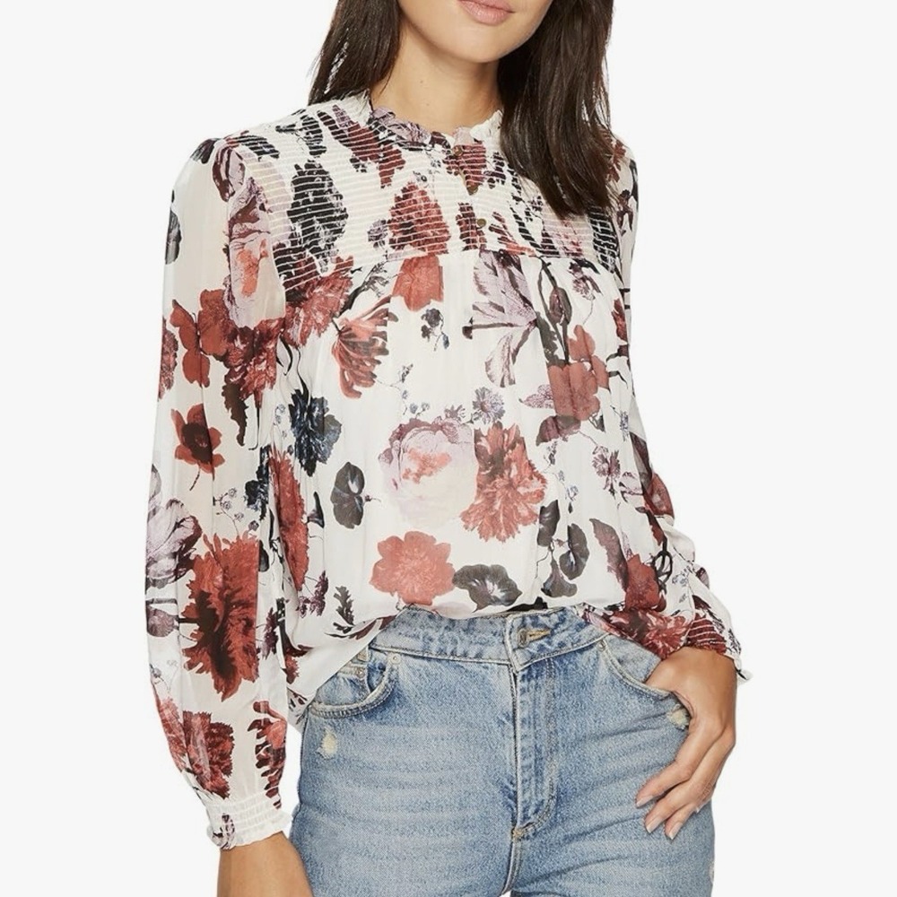 Lucky Brand Floral Peasant Top 2X White Balloon Sleeve Smocking Boho Long Sleeve